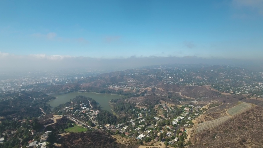 Hollywood hills and Reservoir seen from above, Los Angeles, USA