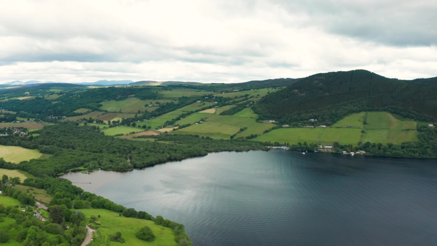 Flight over Loch Ness lake in Scotland