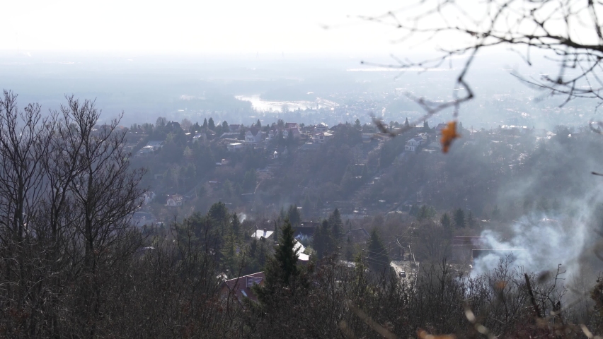 Winter landscape in Hungary from the top of the mountain. The city of Szentendre on the banks of the river Danube.