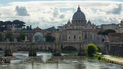 Time Lapse looking down River Tiber in Rome Italy at St Peter’s Basilica in Vatican City
