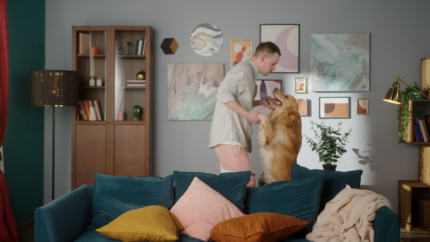 Positive man dancing with his golden retriever dog at home, happy student live with his pet, cozy home living room. Concept friendship and best friends. | Shutterstock HD Video #1068068060