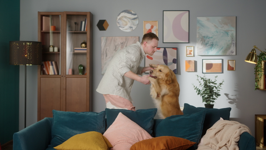 Positive man dancing with his golden retriever dog at home, happy student live with his pet, cozy home living room. Concept friendship and best friends.