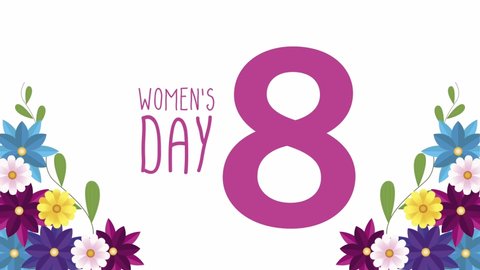 happy womens day lettering card with flowers and number eight ,4k video animated