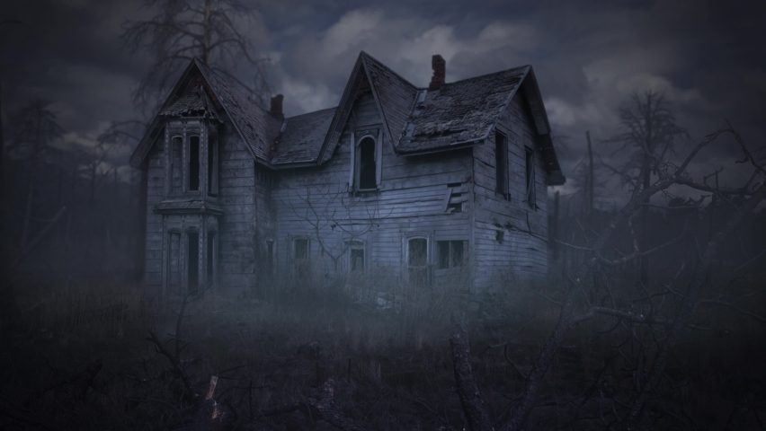 Abandoned House Among Dead Trees and Fog 4K Loop features an old abandoned house in a field with dead and burnt tress all around with smoke or mist rolling by in a loop