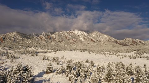 Aerial shot of the mountains near Boulder Colorado covered by fresh snow.