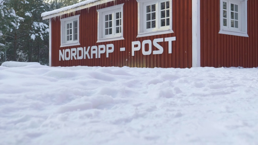 Typical red wooden house in Nordkapp, Norway.