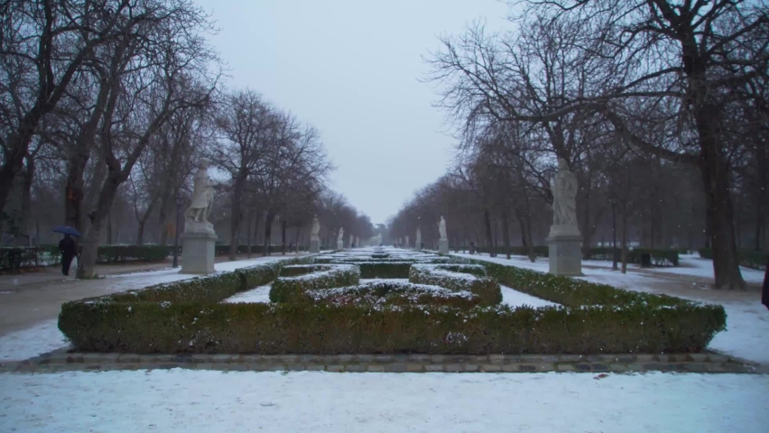 People Walk in Snow at Paseo De La Argentina in Buen Retiro Park, Madrid, Spain