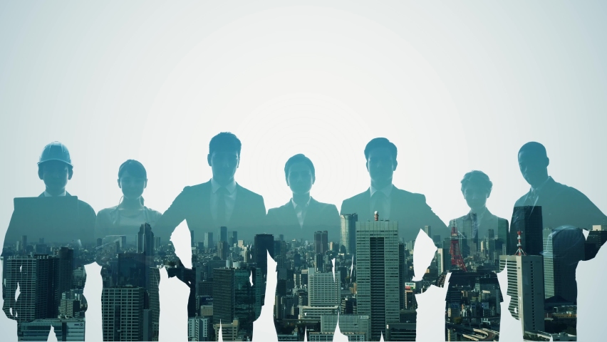 Silhouette of group of businessperson and modern cityscape. Double exposure. | Shutterstock HD Video #1068078269