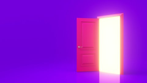 Yellow light inside an open pink door isolated on a purple background. Room interior design element. Sunlight shines from door opening in dark room. Metaphor of possibilities. 3d animation, 4K