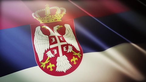Feb 26,2021:4k Serbia National flag slow waving with visible wrinkles in Serbian wind blue sky seamless loop background.A fully digital rendering,animation loops at 40 seconds,smooth texture. 