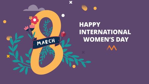 Happy international women's day. Greeting card. Postcard on March 8. Text with flowers and Leaves. Motion Graphic