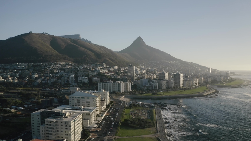 Aerial view of Cape Town, South Africa, with Green Point and Sea Point, Table Mountain, Lion