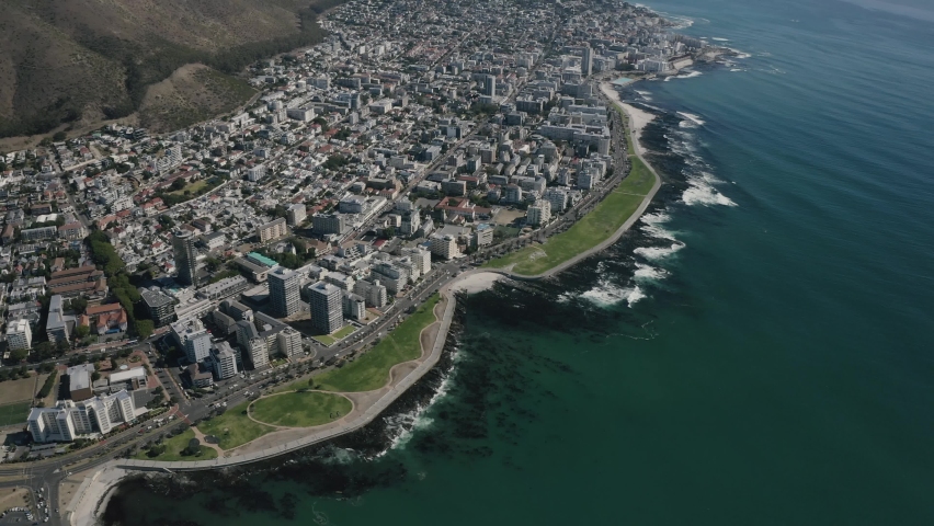 Aerial view of Cape Town, South Africa, with Green Point and Sea Point, Table Mountain, Lion