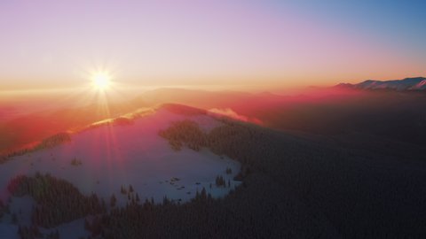 Aerial view of Winter mountain During sunrise or sunset. Pink, magenta, purple colored Sky. Flying above forest Covered with Snow. Shining Morning Sun. Flyover National park in Colorado. USA 