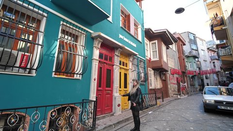 Istanbul, Turkey - January 8, 2020: Balat quarter with colored houses. Jewish quarter of Istanbul - Turkey.