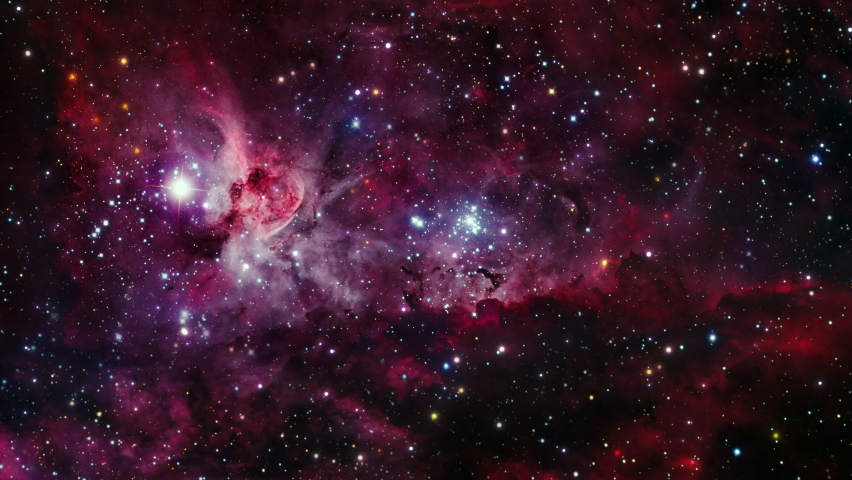 The Great Carina Nebula NGC 3372. Space Flight to star field Galaxy and Nebulae deep space exploration. 4K 3D Flight to NGC3372 also known as the Grand Nebula, Great Carina Nebula. Furnished by NASA.