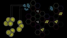 Abstract animation of molecules. Chemical formula. Flight and rotation of molecules.