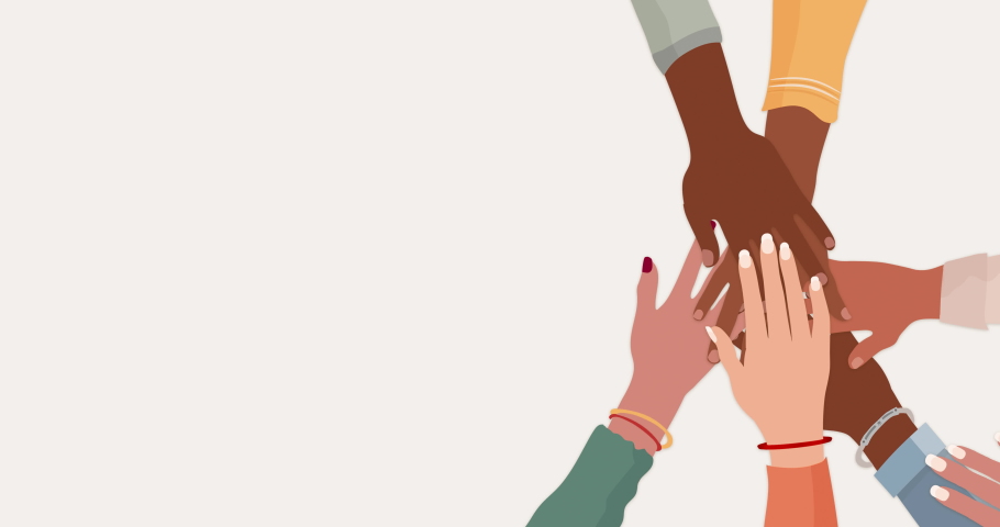 Illustration of hands on top of each other in a circle of multiethnic people. Teamwork businesspeople diversity. Men women boys girls. Friendship. Different cultures. Cooperation. Copy space Royalty-Free Stock Footage #1068098411