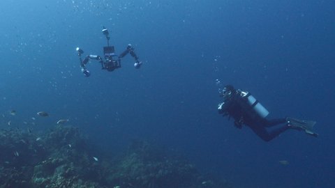 Professional diver, underwater photographer in coral reef in Caribbean Sea,  Curacao while drift dive, camera gear with neutral buoyancy