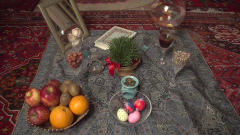 shiraz (fars Province) , iran . December 2, 2012 .view of the traditional Iranian house :Haft Seen traditional table of Nowruz. Haft-Seen also spelled as Haft Sin is a tabletop (sofreh) .