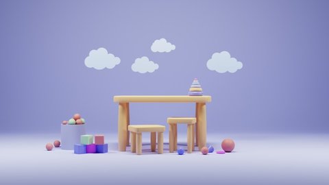Children playground in entertainment center with table and chairs, dry pool, stacking toy, cubes and balls on blue background with clouds, room for games, cartoon primary school or kindergarten
