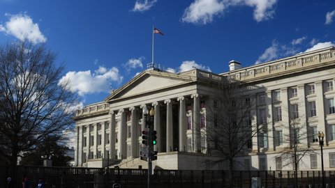 Washington, DC - USA - February 5 2021: The south entrance to the Treasury building, the headquarters of the United States Department of the Treasury, located at 1500 Pennsylvania Avenue, NW. 