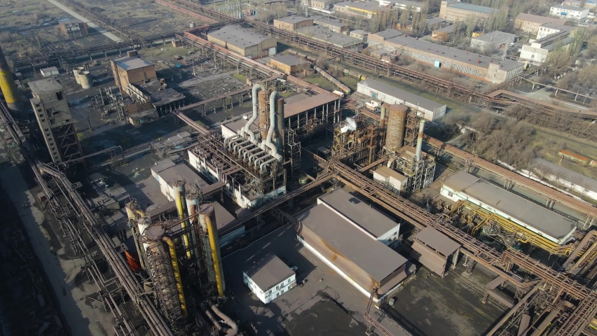 Metallurgical plant industry production aerial view chimney smoke from the factory. | Shutterstock HD Video #1068134567