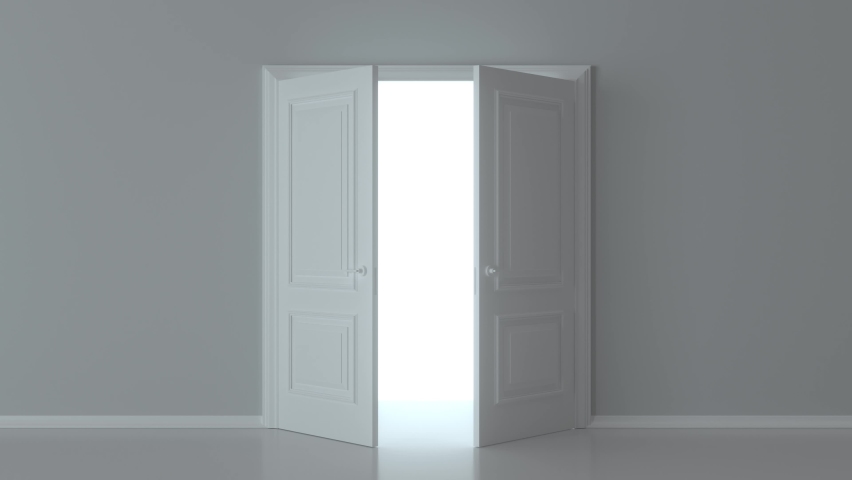 Double open white door on white background. Choice, business and success concept. Welcome, invitation to enter or new opportunity. Flight forward, entering inside the doorway. 3d animation, 4K Royalty-Free Stock Footage #1068139640