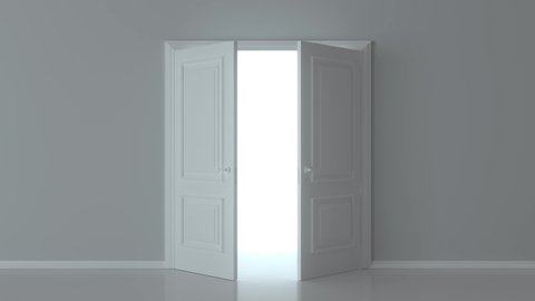 Double open white door on white background. Choice, business and success concept. Welcome, invitation to enter or new opportunity. Flight forward, entering inside the doorway. 3d animation, 4K