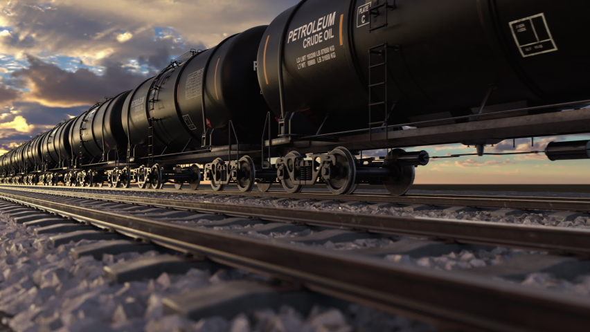Cistern train with petroleum and crude oil transportation diesel fuel via railroad. Close up view to the freight train with oil tanks delivery energy from refinery station for export, 3d animation.