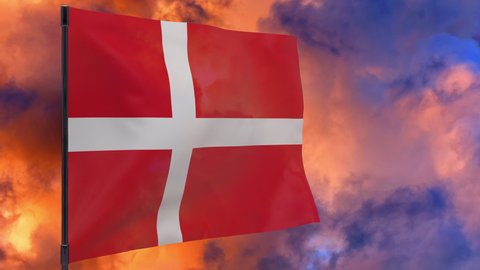 Denmark waving flag seamless loop 3d animation 4k . Denmark flag on pole with sky background