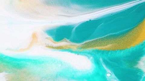 Fluid art drawing video, abstract acryl texture with flowing effect. Liquid paint mixing backdrop with splash and swirl. Detailed background motion with mint, golden and white overflowing colors.