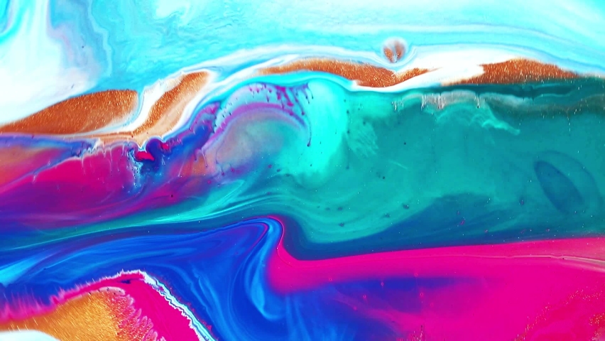 Fluid art drawing video, abstract acrylic texture with colorful waves. Liquid paint mixing backdrop with splash and swirl. Detailed background motion with blue, pink and turquoise overflowing colors.