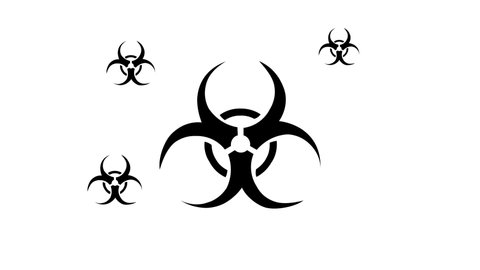 Zoom in and out animation the biohazard symbol. Large black symbol in the center and four small symbols around. Seamless looped 4k animation on white background