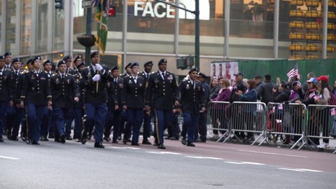 Manhattan, New York,USA - November 11. 2019: Veterans Day Parade Military personal walking on 5th Avenue.