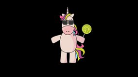 Cute magical unicorn in glasses with lollipop. Cartoon character for children's animation.Animated 4K video without background.