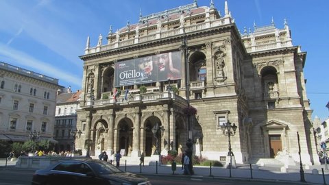 Budapest, Hungary - October 3, 2015: PAN SHOT - The Hungarian State Opera House is a neo-Renaissance opera house located in central Budapest, on Andrassy ut, Hungary.
