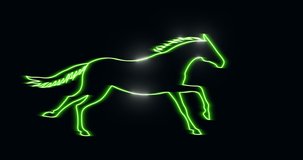 Neon galloping horse. Animated hand drawn line stroke mustang silhouette cartoon seamless endless loop running equine motion. Light on black background. Alpha channel isolated transparency 4K