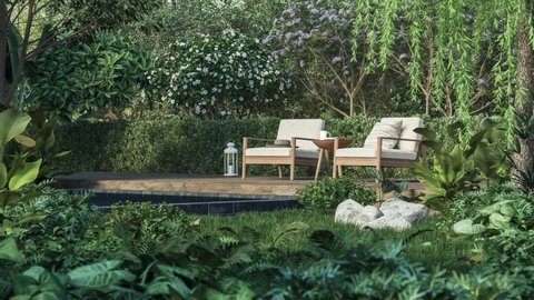 Animation of wooden terrace in the tropical garden 3d render, There are a wooden floor , green plant fence,Decorated with wood and white fabric chair,Surrounded by nature.
