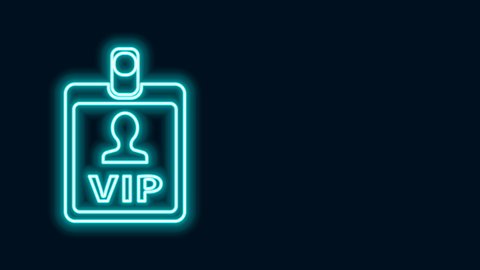 Glowing neon line VIP badge icon isolated on black background. 4K Video motion graphic animation.