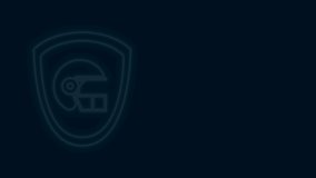 Glowing neon line American football helmet and shield icon isolated on black background. 4K Video motion graphic animation.