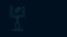 Glowing neon line American football goal post and football ball icon isolated on black background. 4K Video motion graphic animation.