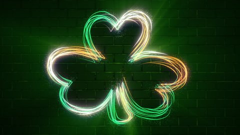 Saint Patrick's Day background: glowing neon shamrock in the Irish green, white and gold colors with flowing particles. This motion background is full HD and a seamless loop.