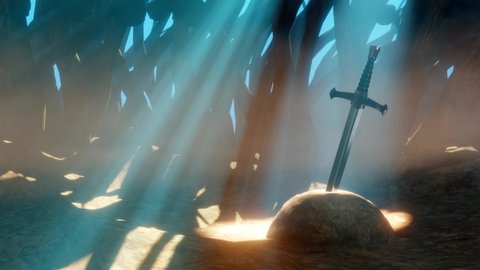 Legendary Excalibur sword in a forest full of rays of light and magical atmosphere. 3D Rendering