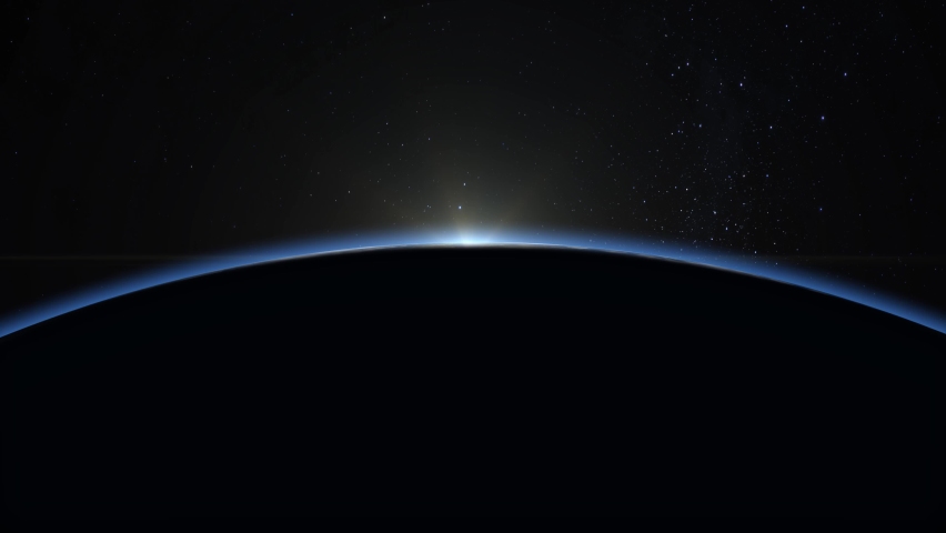 Sunrise over the Earth. View from space. The earth rotates. The camera takes off over the Earth. Realistic atmosphere. Volumetric clouds. Starry sky. 4K. 3d rendering. Stars twinkle. | Shutterstock HD Video #1068204269