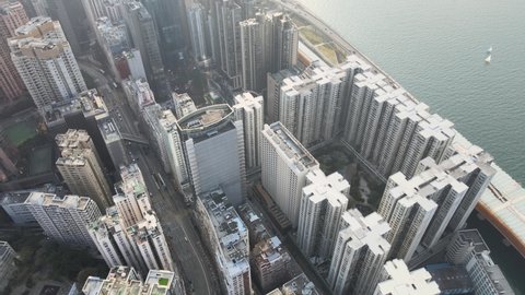 Aerial View of the skyline of Hong Kong Island Eastern Corridor at Victoria Harbour, Kings Road in Tin Hau and Fortress Hill