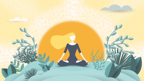 Loop yoga animation. Spiritual therapy for body and mind with yoga harmony. Wellness and health in nature. Mentally calm girl on the background of the sun. Balance and serenity of mind and body