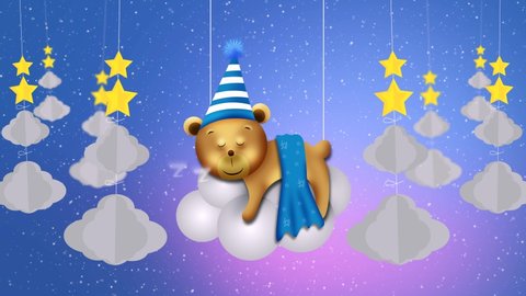 Cute bear cartoon sleeping on a cloud, night sky, night fantasy, loop animation background.