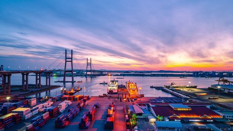 Day to night,4kTime lapse,Aerial view of Pyeongtaek Port sunset Sky,South Korea,Zoom in