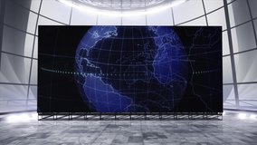 TV news virtual studio backdrop. Animated graphic earth planet seamless loop on the video wall. 